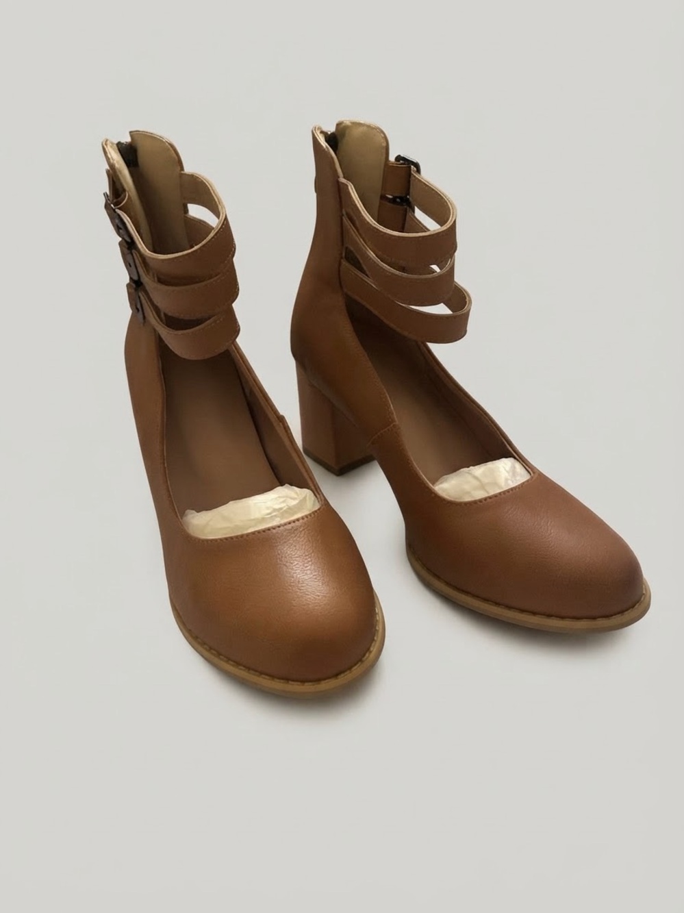 Tan Faux Leather Triple Strap Block Heel Shoes Size 39 Zipper